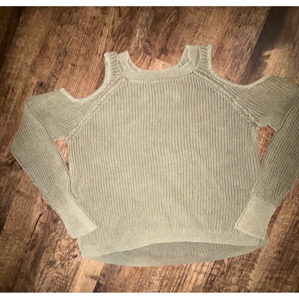 Hollister Women Sage Green Cold Shoulder Ribbed Knit Sweater Size Medium